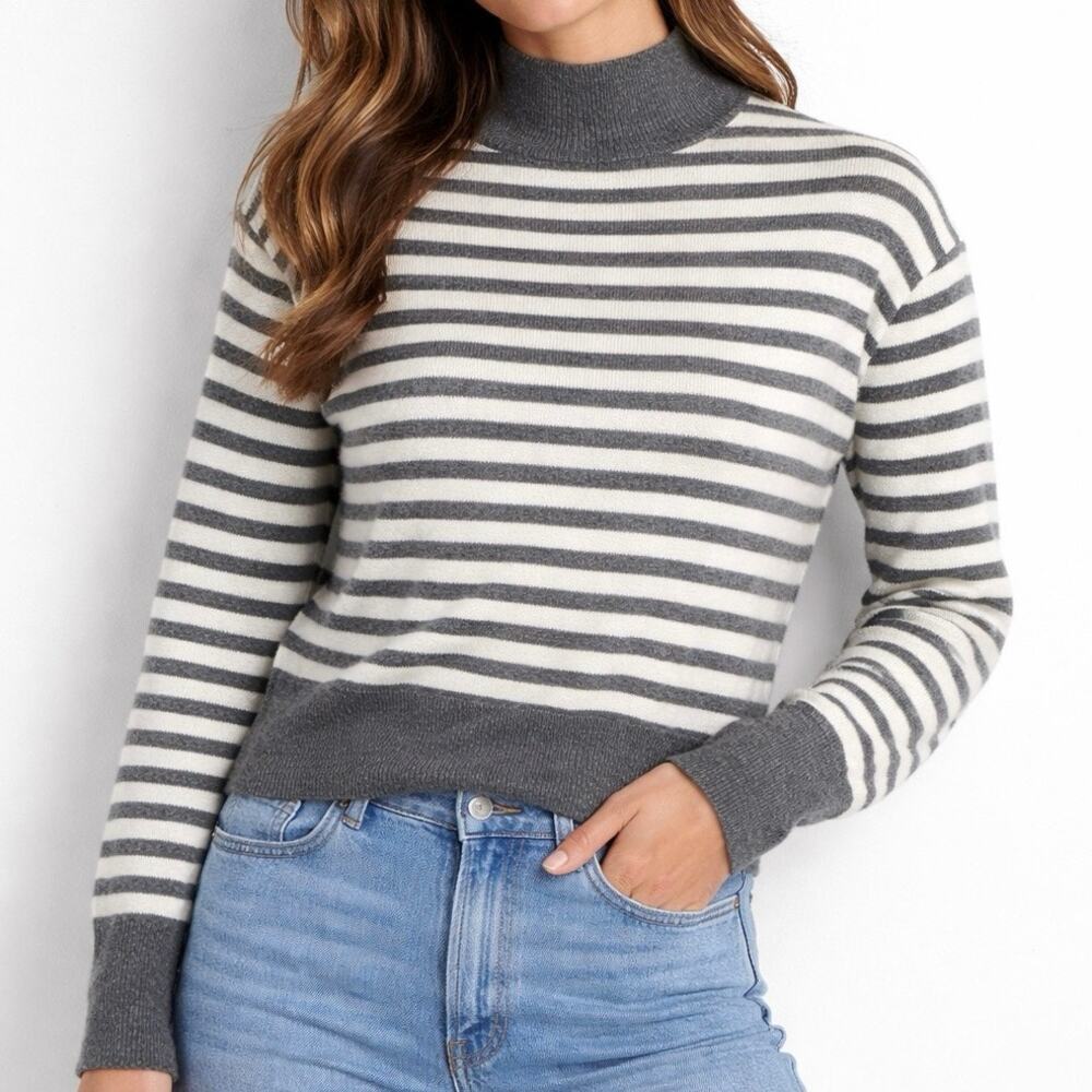 Everlane Striped Cashmere Mock Neck Sweater Gray White Small Cropped Knit‎